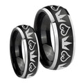 Hearts and Crowns Dome Brushed Black 2 Tone Tungsten Bridal Band Set