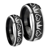 His Hers Hearts and Crowns Dome Brushed Black 2 Tone Tungsten Men Ring Set