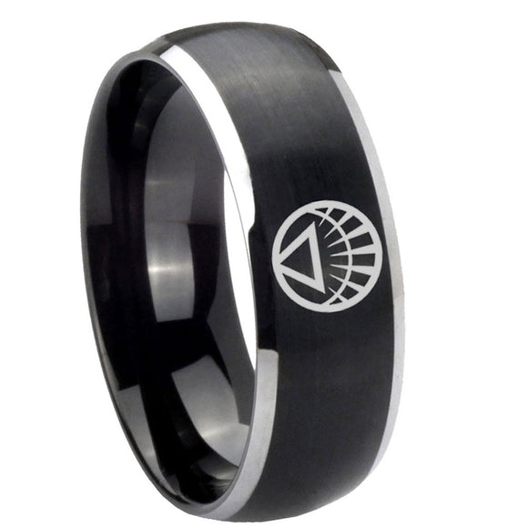 8mm White Lantern Dome Brush Black Engraved Mens Wedding Band