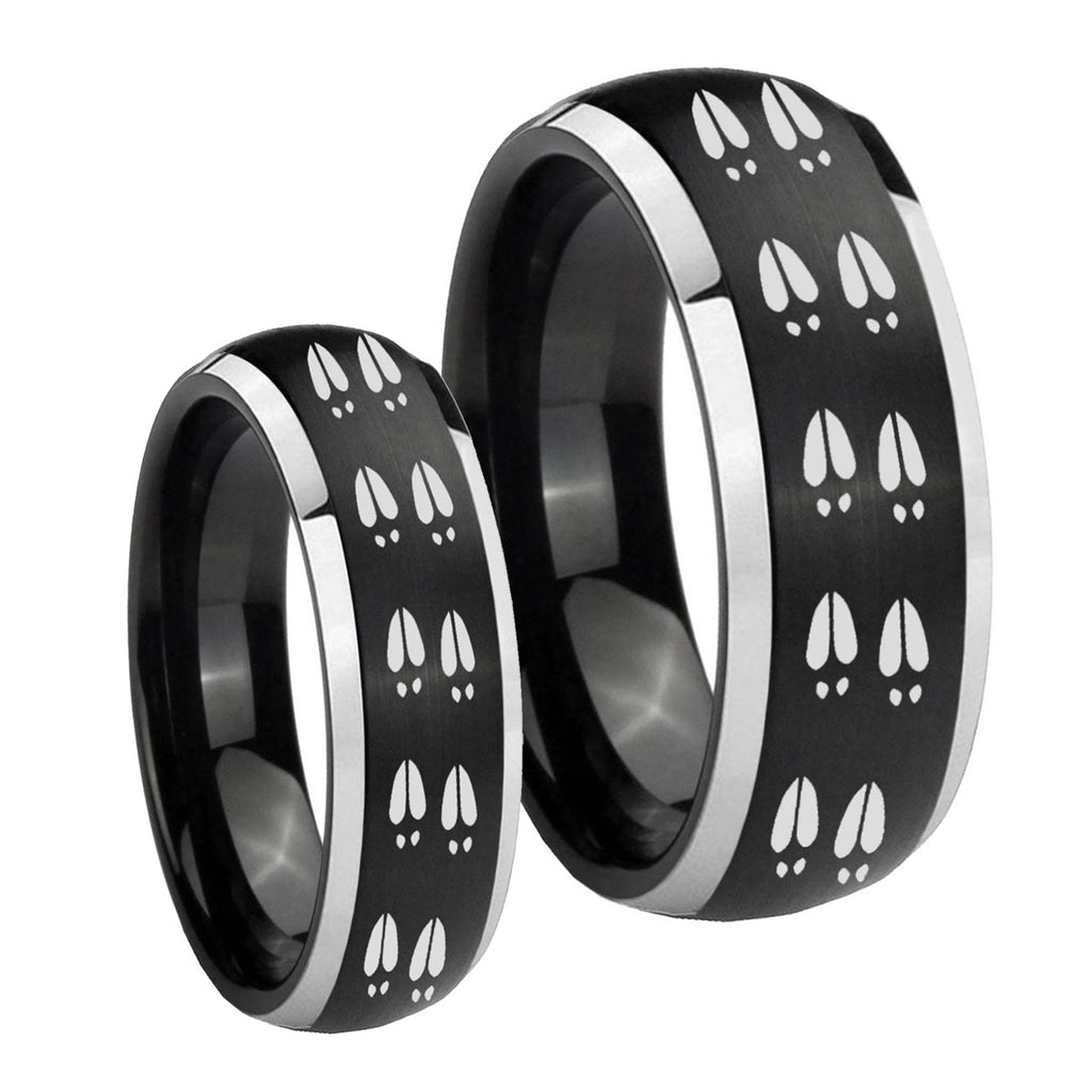 Deer Tracks Dome Brushed Black 2 Tone Tungsten Bridal Ring Sets