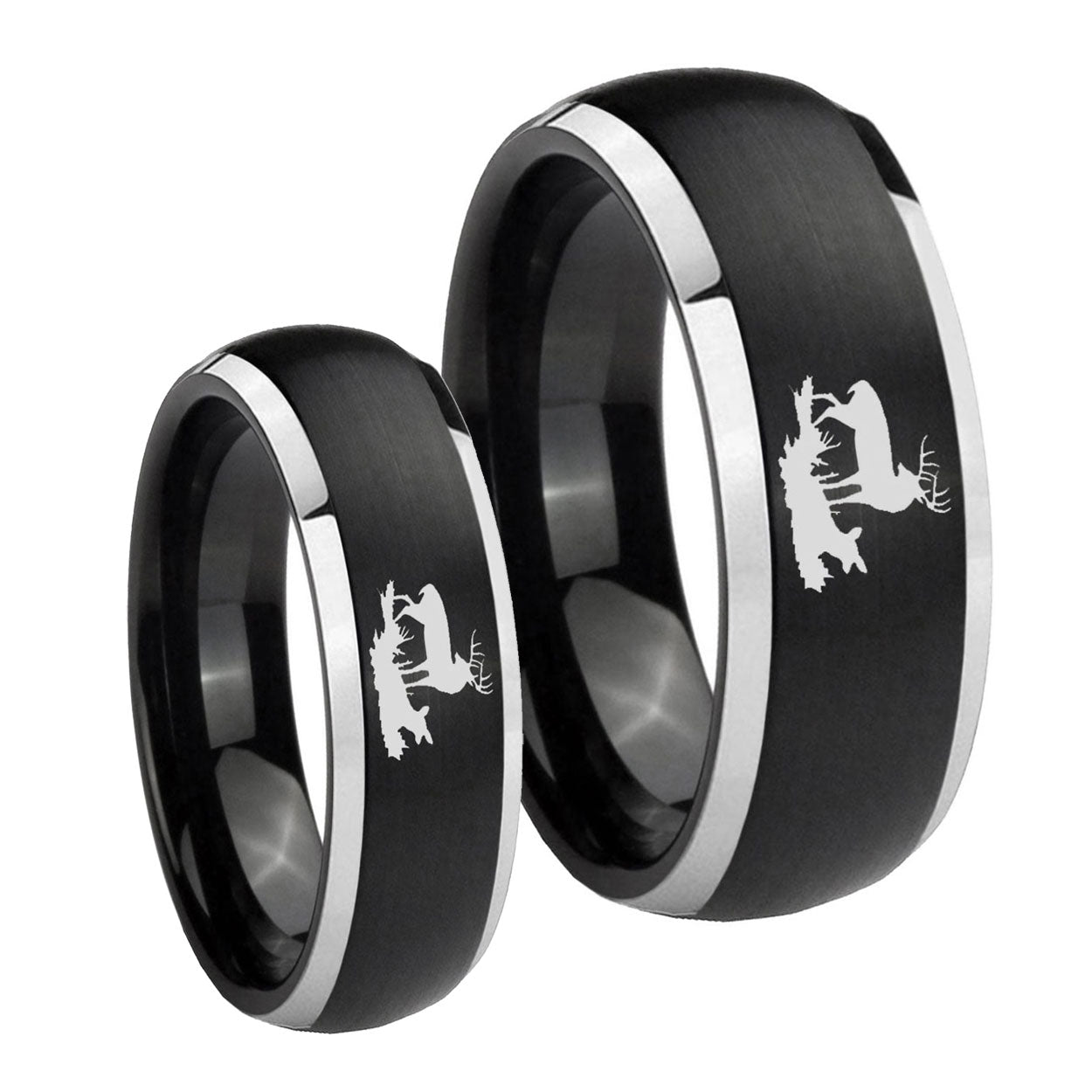Deer Hunting Dome Brushed Black 2 Tone Tungsten His And Hers Ring