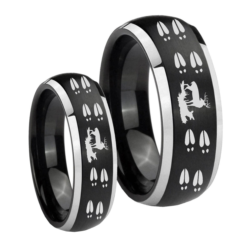 Deer Hunting Tracks Dome Brushed Black 2 Tone Tungsten His Hers Ring Set