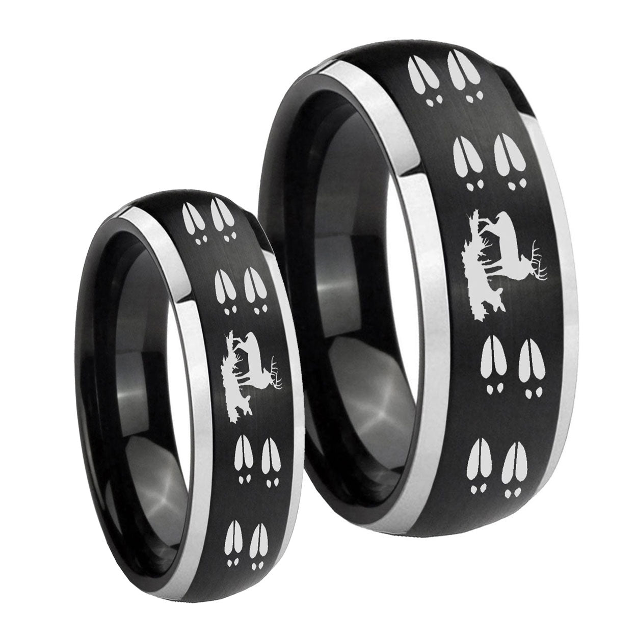 Deer Hunting Tracks Dome Brushed Black 2 Tone Tungsten His Hers Ring Set
