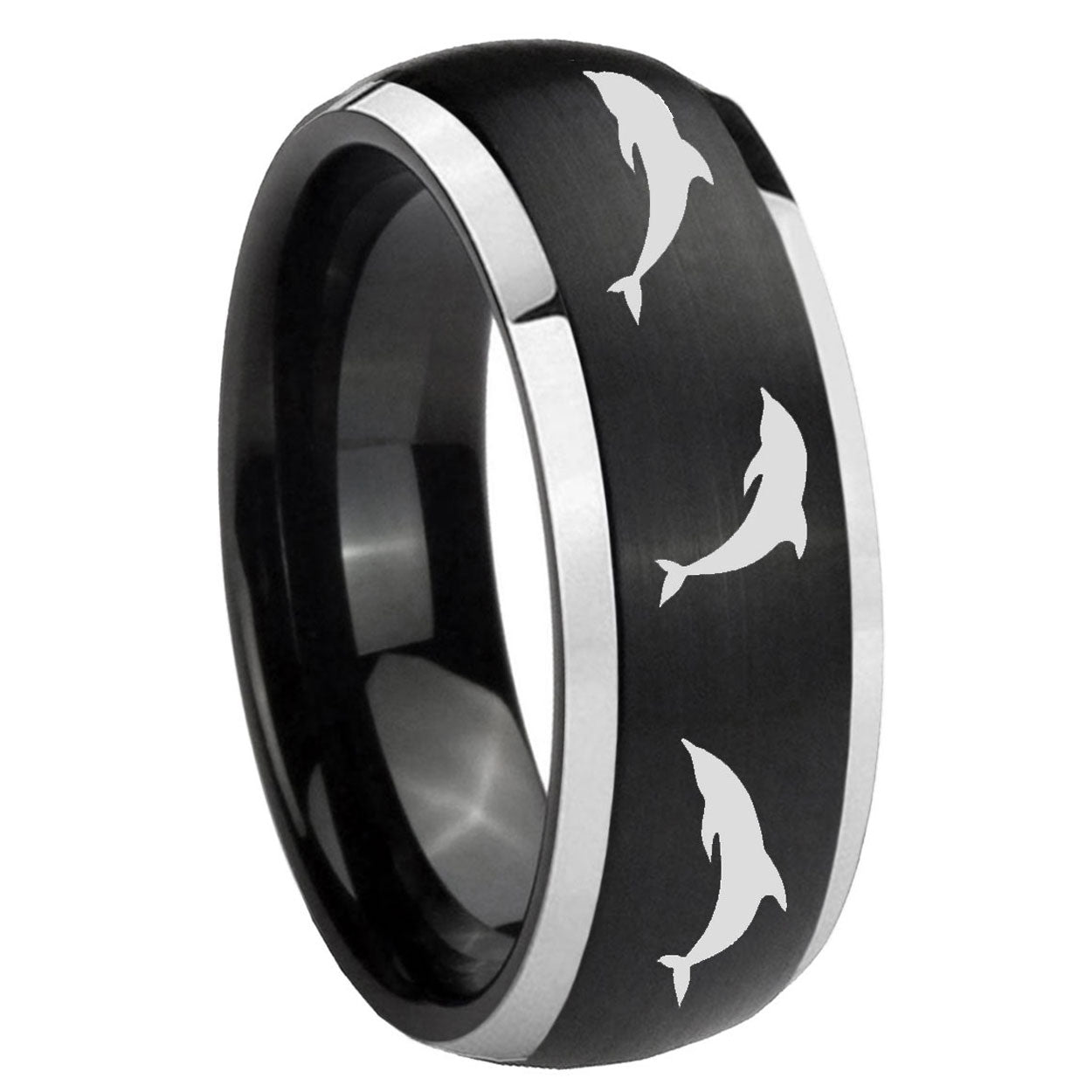8mm Dolphins Dome Brushed Black 2 Tone Tungsten Ring