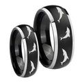 Dolphins Dome Brushed Black 2 Tone Tungsten Wedding Set Rings