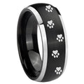 8mm Paw Print Dome Brushed Black 2 Tone Tungsten Mens Ring