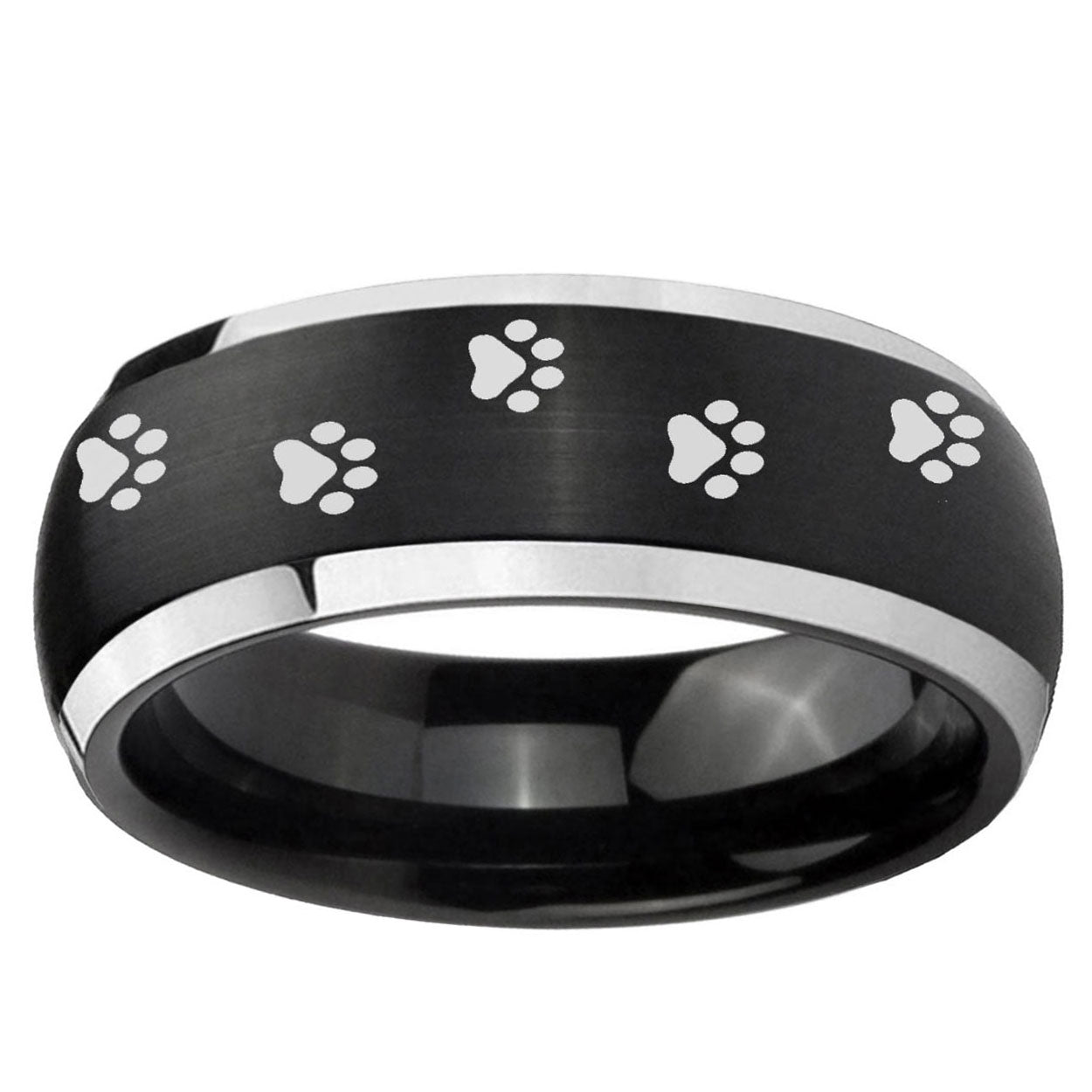 5mm Paw Print Dome Brushed Black 2 Tone Tungsten Mens Ring