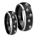 Paw Print Dome Brushed Black 2 Tone Tungsten Wedding Set Rings