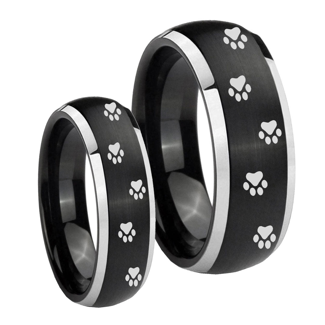 Paw Print Dome Brushed Black 2 Tone Tungsten Wedding Set Rings