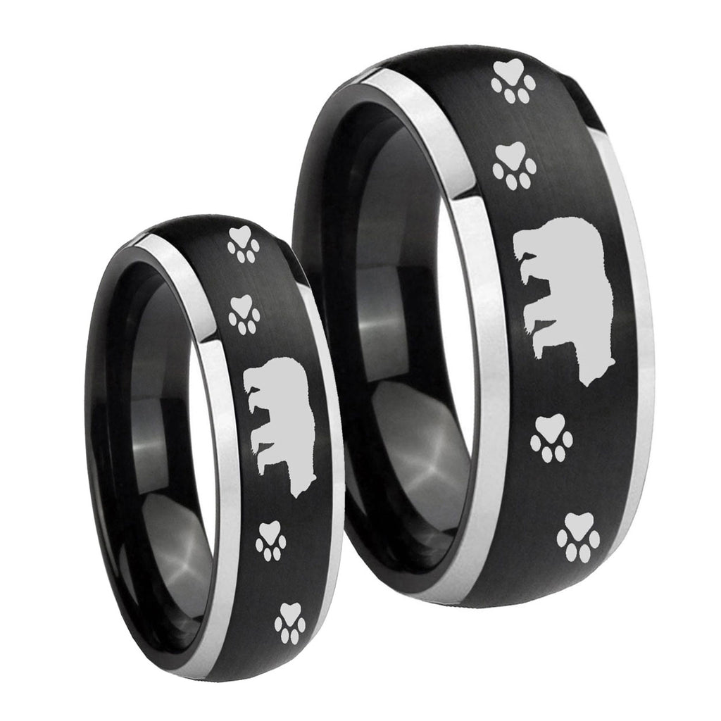 Bear and Paw Dome Brushed Black 2 Tone Tungsten Mens Set Rings