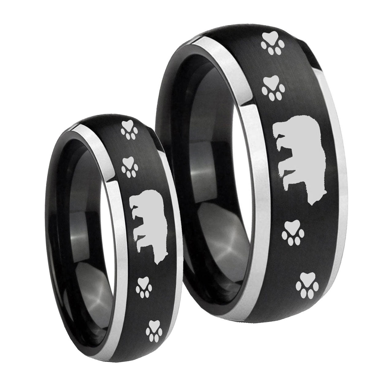 Bear and Paw Dome Brushed Black 2 Tone Tungsten Mens Set Rings