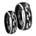 Foot Print Dome Brushed Black 2 Tone Tungsten Bridal Set Rings