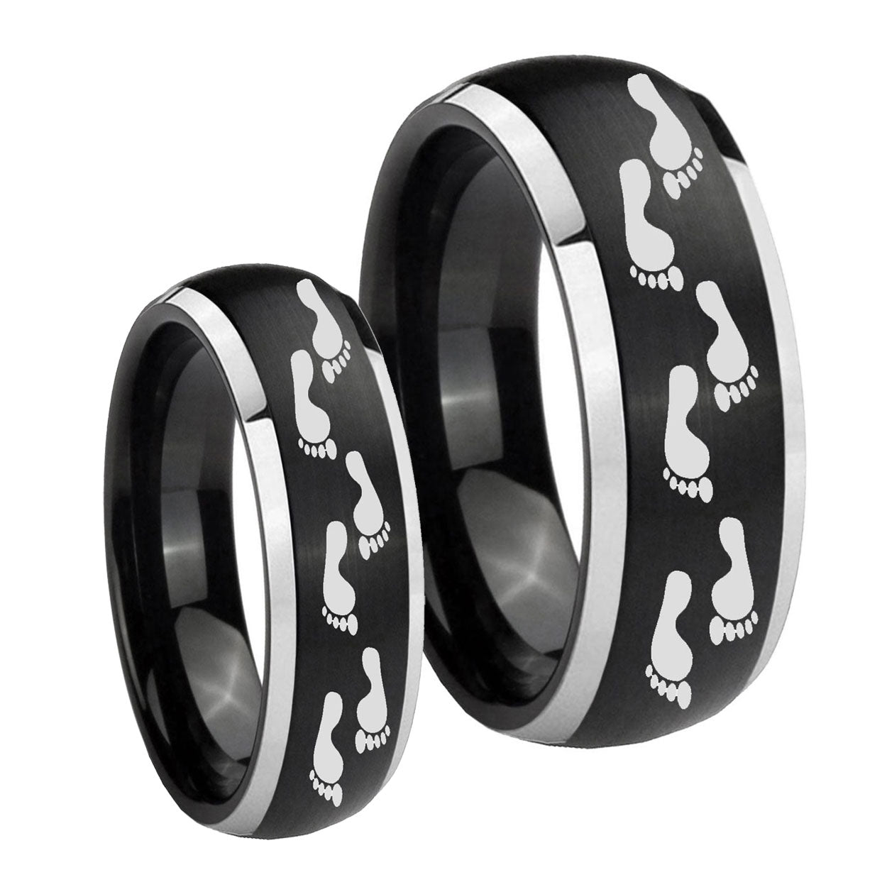 Foot Print Dome Brushed Black 2 Tone Tungsten Bridal Set Rings