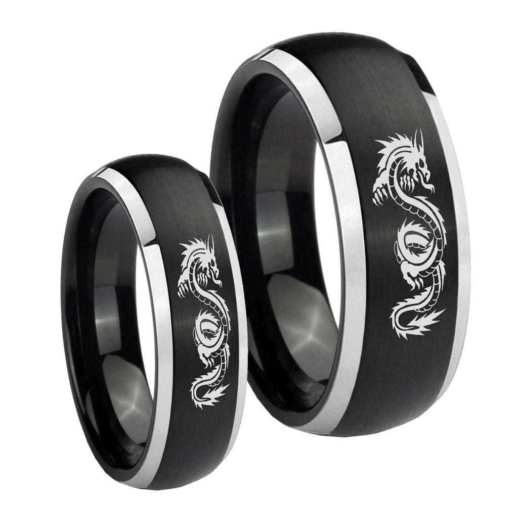 Dragon Dome Brushed Black 2 Tone Tungsten Couple Rings