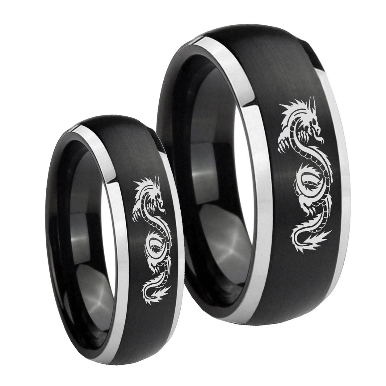 Dragon Dome Brushed Black 2 Tone Tungsten Couple Rings