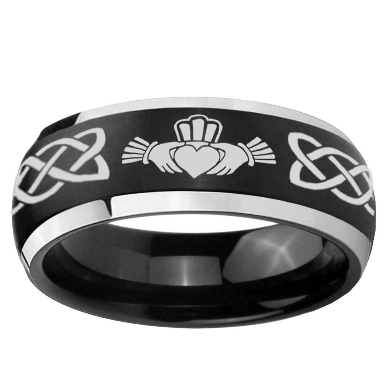5mm Irish Claddagh Dome Brushed Black 2 Tone Tungsten Ring