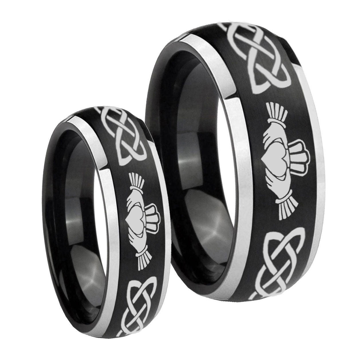 Irish Claddagh Dome Brushed Black 2 Tone Tungsten Wedding Band Set