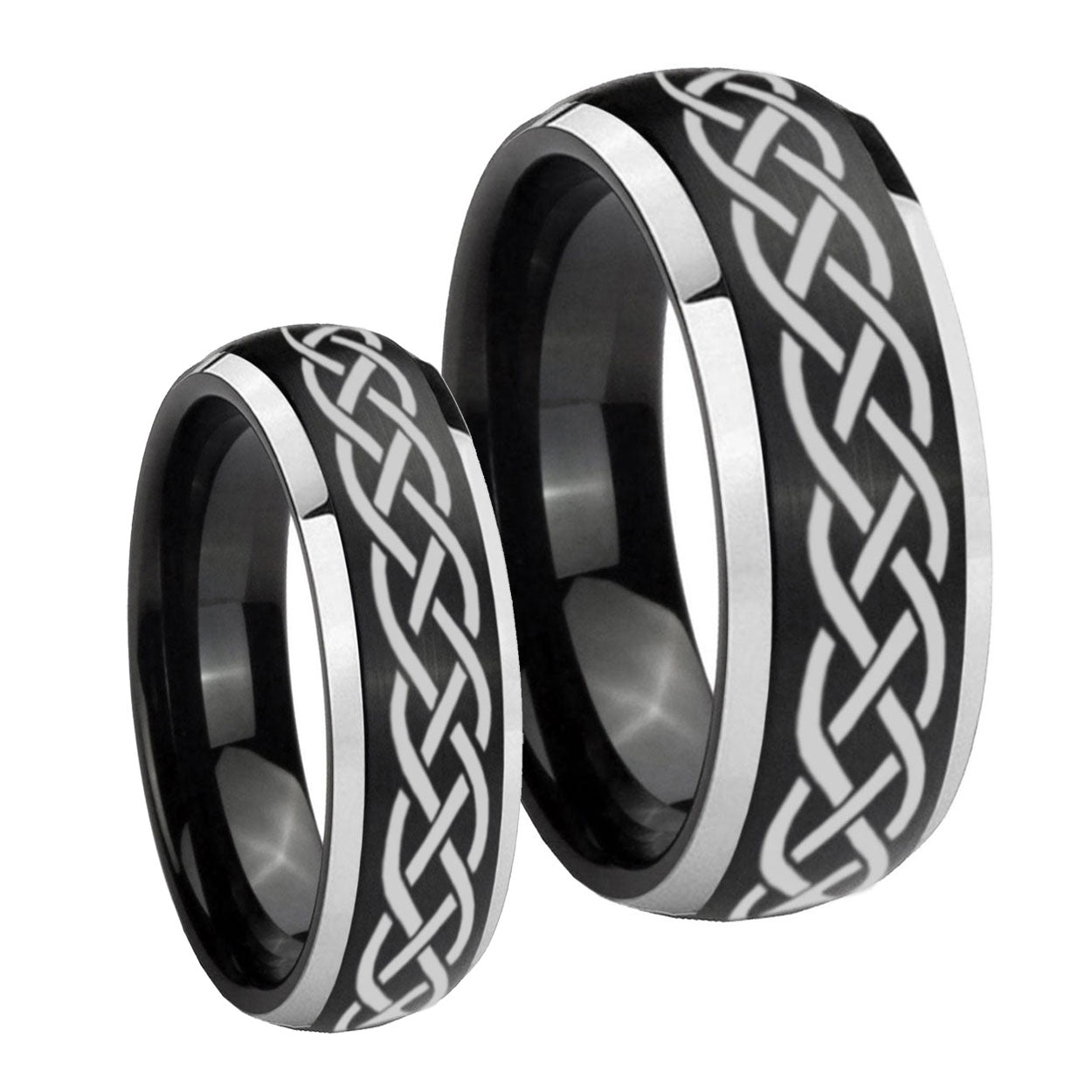 Celtic Knot Dome Brushed Black 2 Tone Tungsten Wedding Ring Set