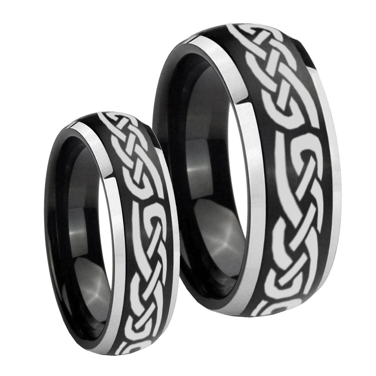 Celtic Knot Infinity Love Dome Brushed Black 2 Tone Tungsten Bridal Set Ring