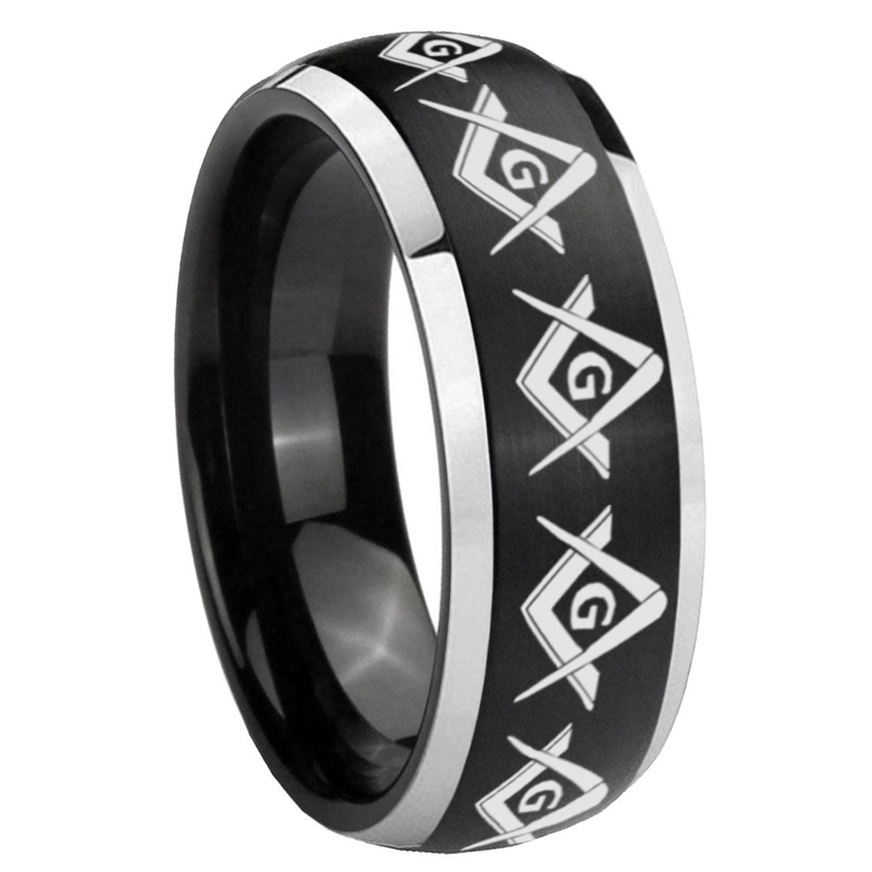 8mm Masonic Square Compass Dome Black 2 Tone Tungsten Ring