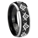 8mm Masonic Square and Compass Dome Brushed Black 2 Tone Tungsten Custom Mens Ring