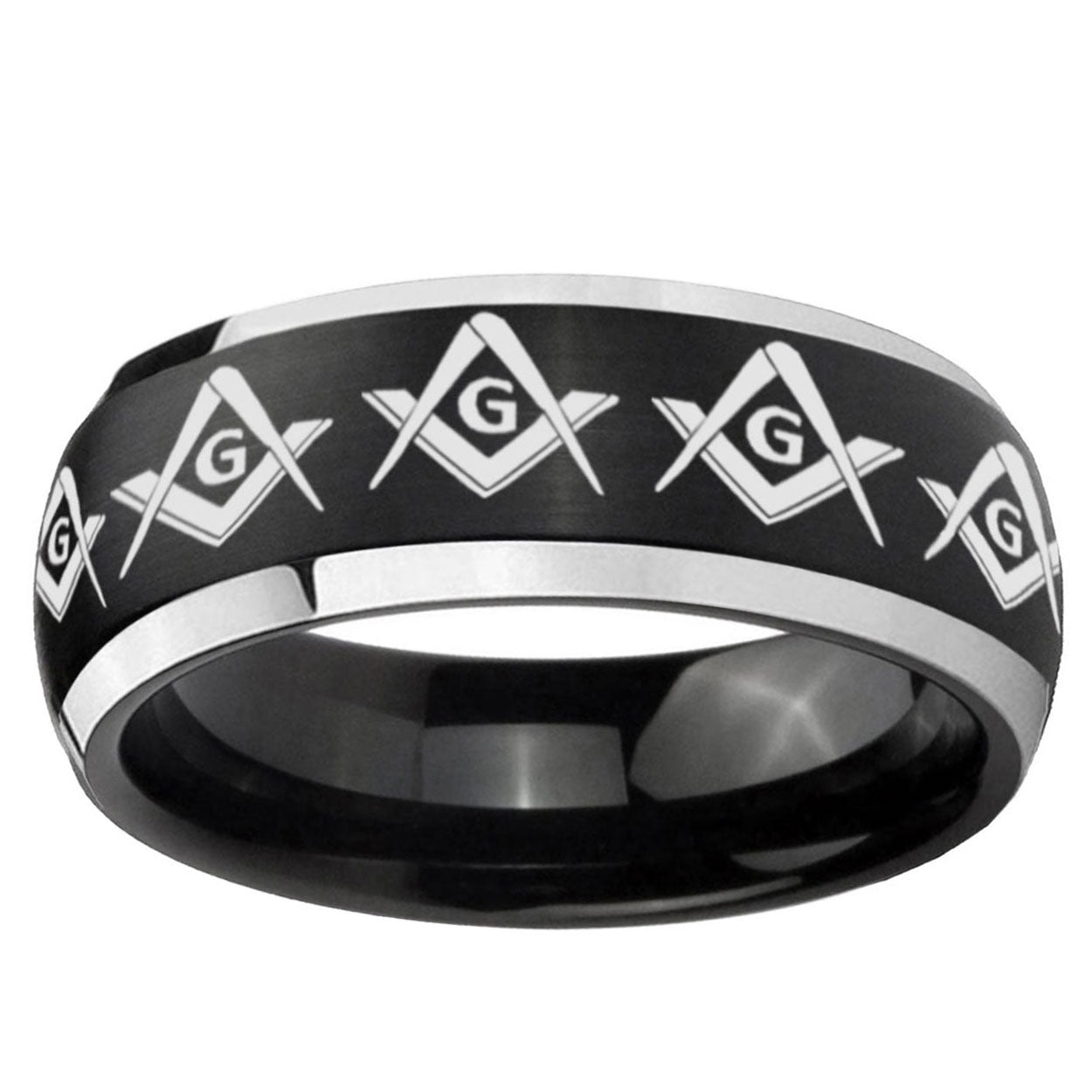 5mm Masonic Square Compass Dome Black 2 Tone Tungsten Ring