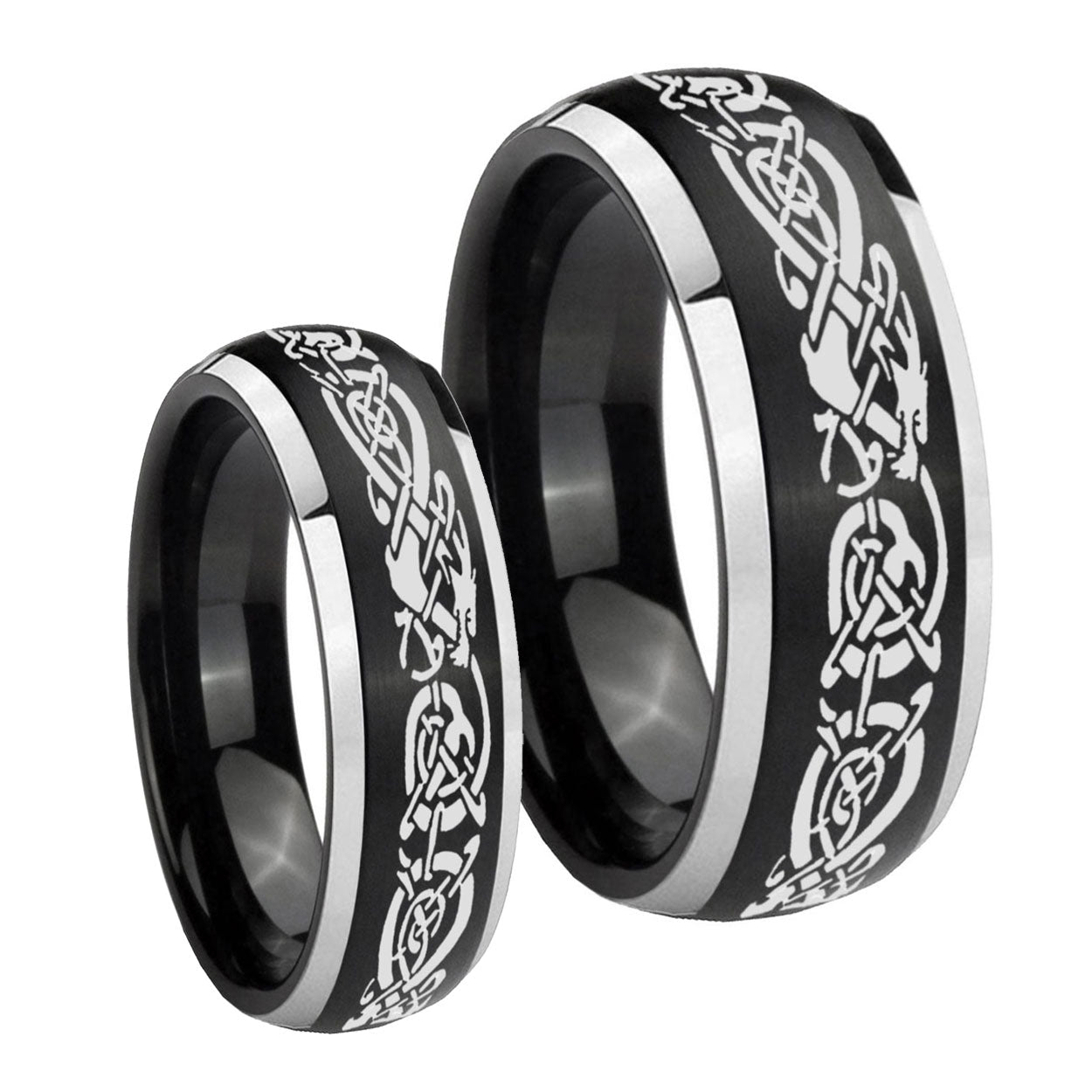 Celtic Knot Dragon Dome Brushed Black 2 Tone Tungsten His And Hers Ring
