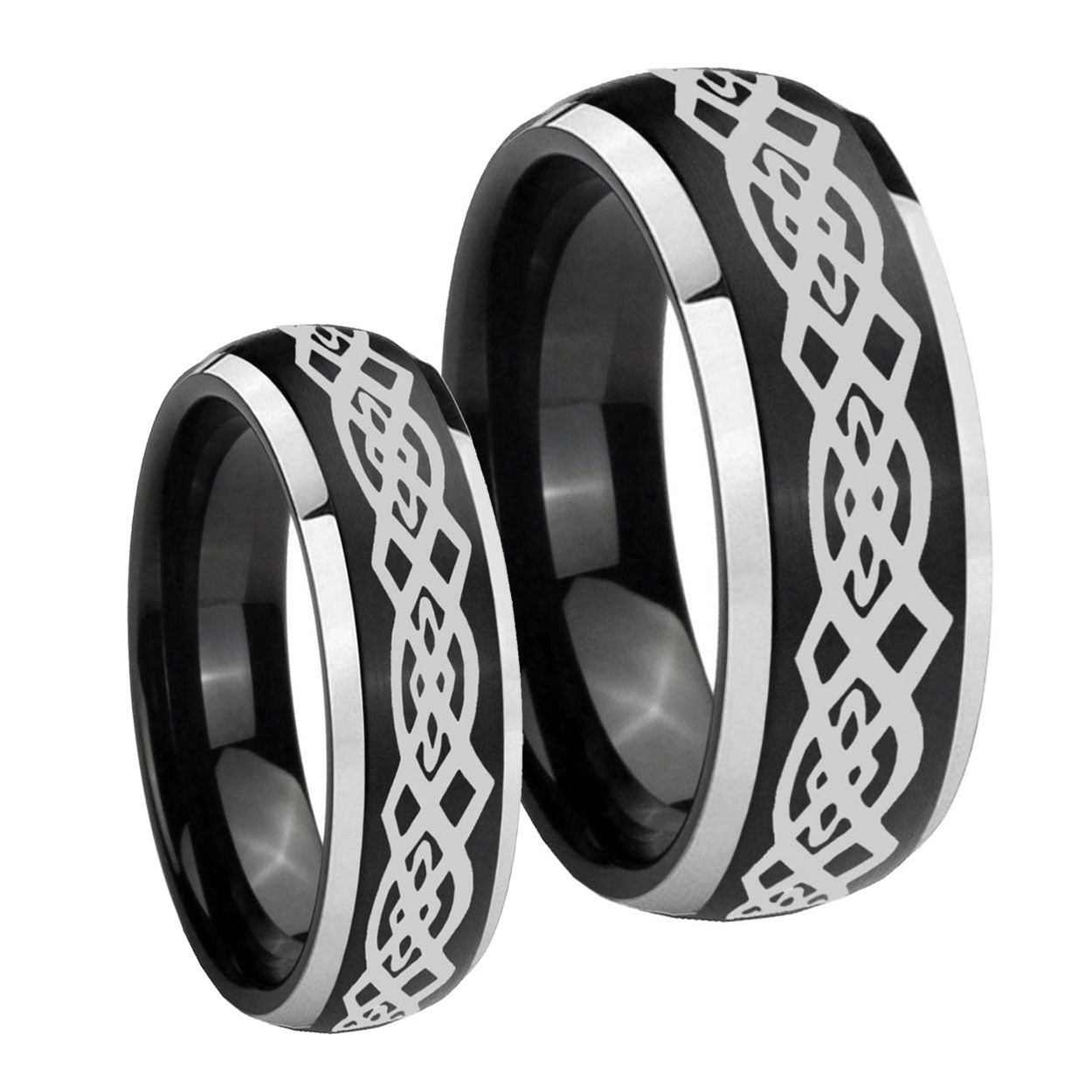 Celtic Knot Dome Brushed Black 2 Tone Tungsten Bridal Ring Set