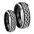 Laser Celtic Knot Dome Brushed Black 2 Tone Tungsten His Hers Ring Set