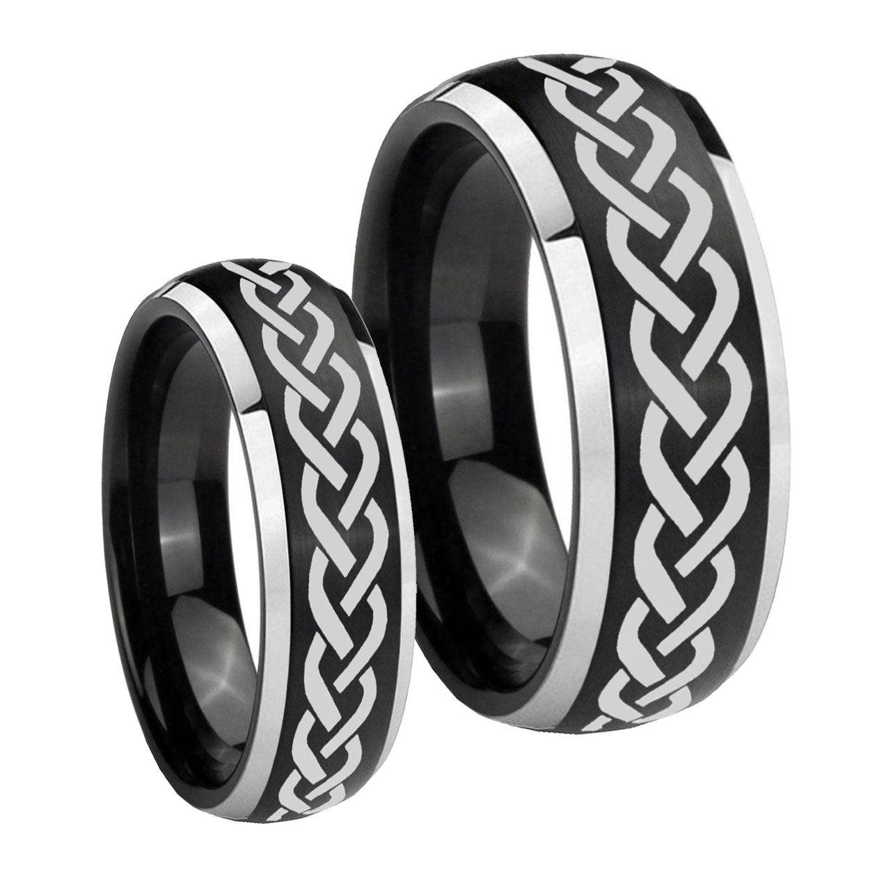 Laser Celtic Knot Dome Brushed Black 2 Tone Tungsten His Hers Ring Set