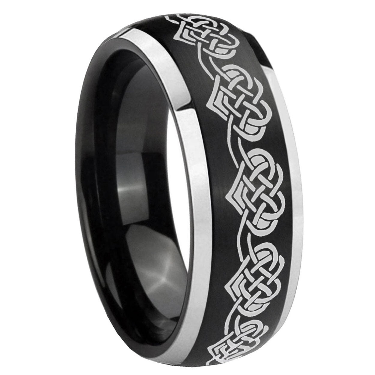 8mm Celtic Knot Heart Dome Brushed Black 2 Tone Tungsten Ring