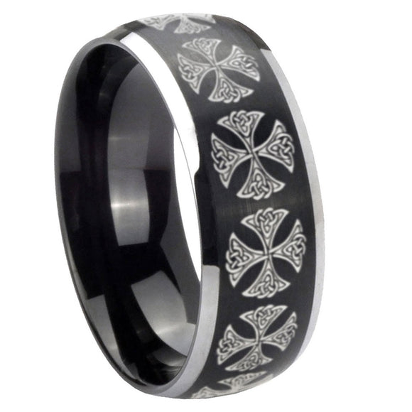 8mm-Medieval-Cross-Dome-Brushed-Black-2-Tone-Tungsten-Custom-Mens-Ring