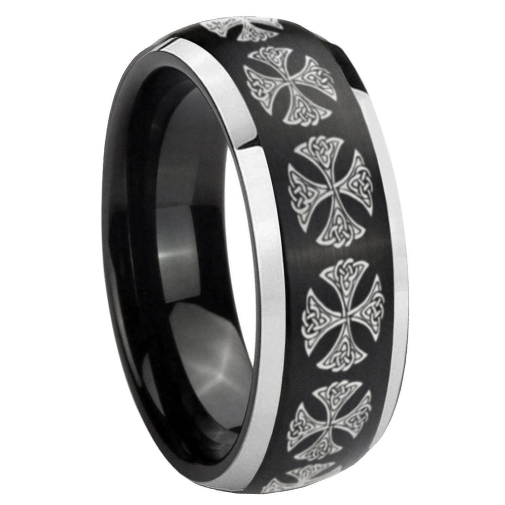 8mm Medieval Cross Dome Brushed Black 2 Tone Tungsten Ring