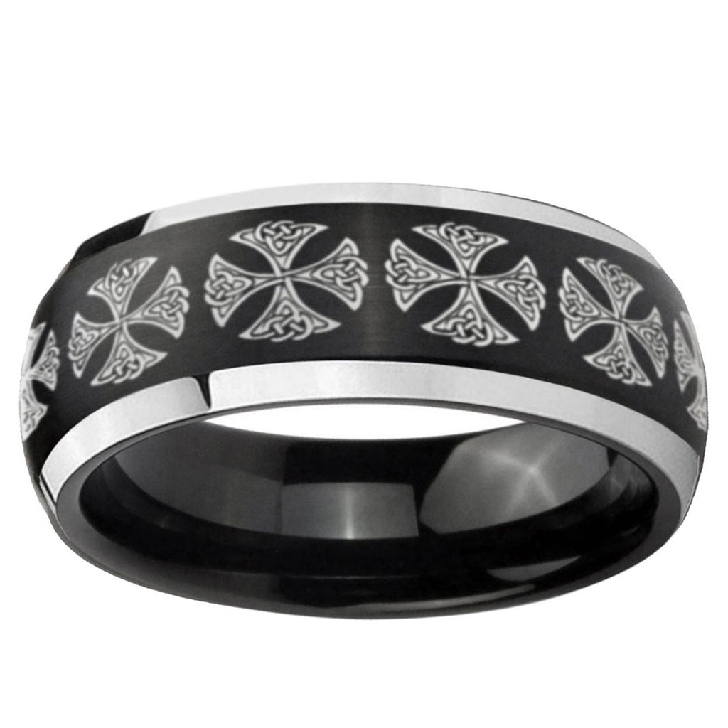 5mm Medieval Cross Dome Brushed Black 2 Tone Tungsten Ring