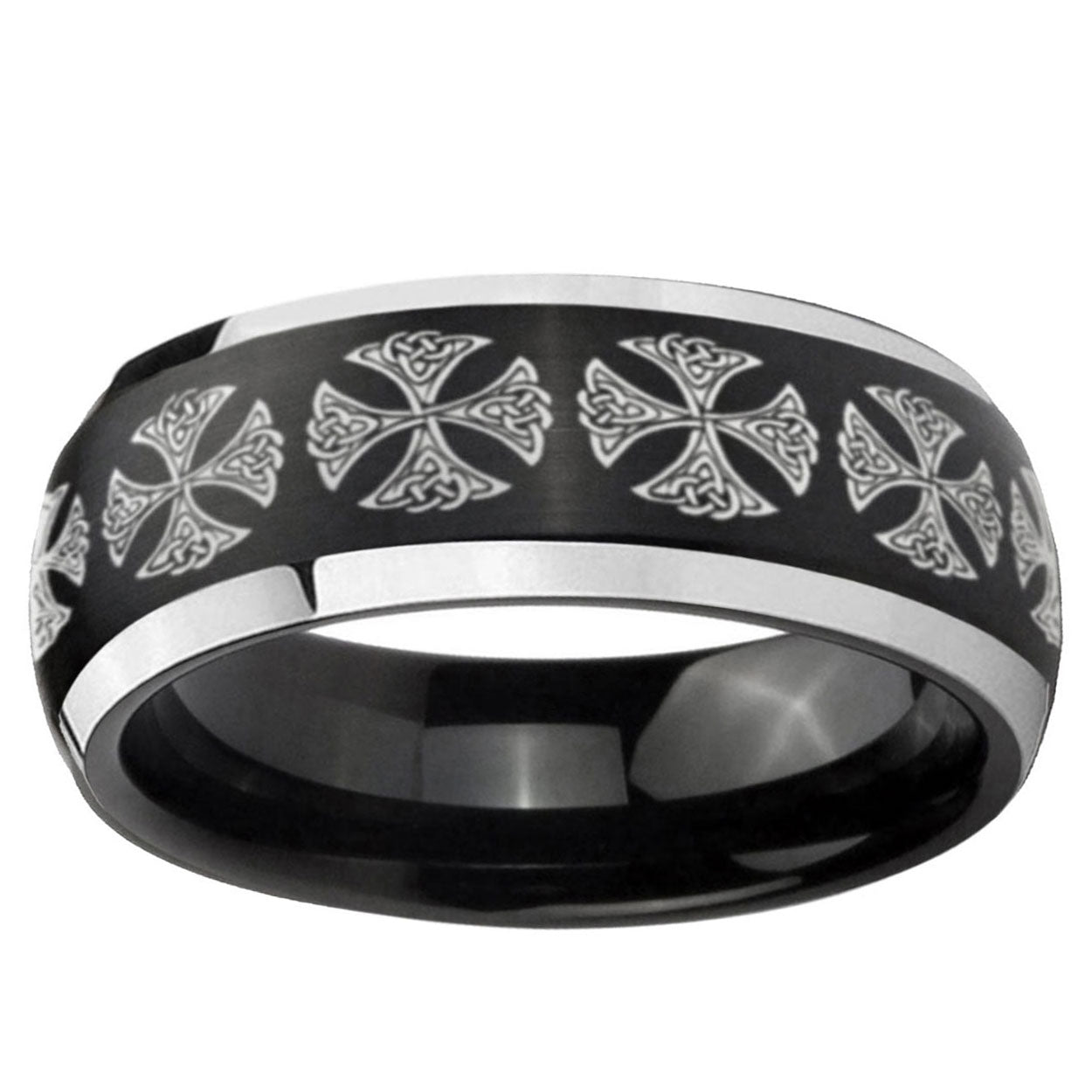 5mm Medieval Cross Dome Brushed Black 2 Tone Tungsten Ring