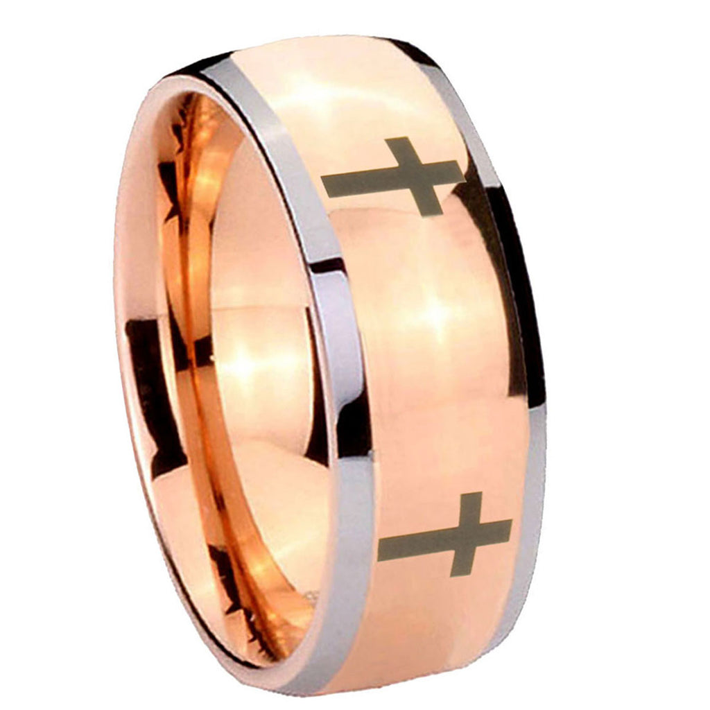 8mm Crosses Dome Rose Gold Tungsten Mens Anniversary Ring