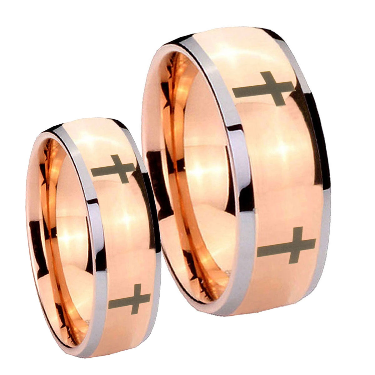 Crosses Dome Rose Gold Tungsten His Hers Ring Set