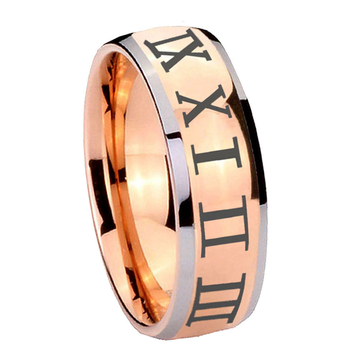8mm Roman Numeral Dome Rose Gold Tungsten Custom Mens Ring