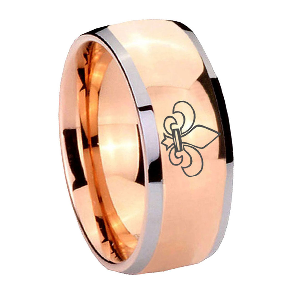 8mm Fleur-De-Lis Dome Rose Gold Tungsten Custom Mens Ring