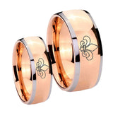 Bride and Groom Fleur De Lis Dome Rose Gold Tungsten Engraved Ring Set