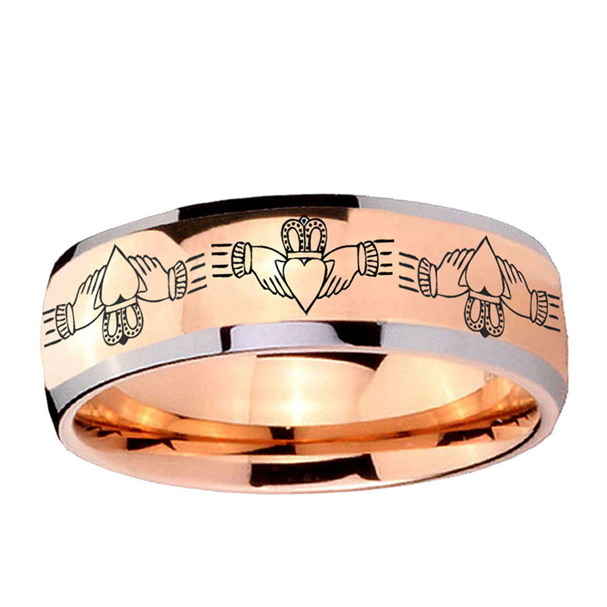 5mm Irish Claddagh Dome Rose Gold Tungsten Engraved Ring