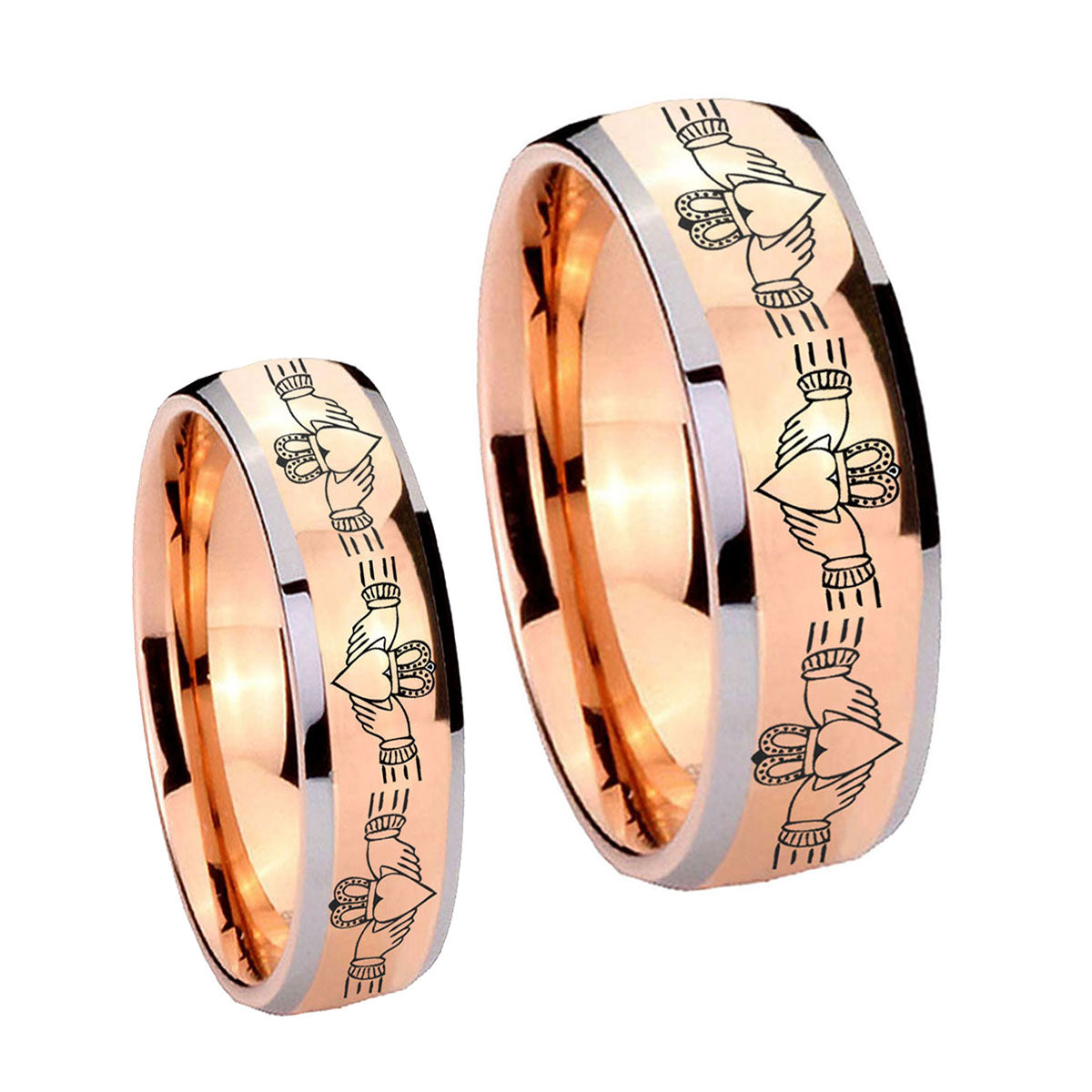 Irish Claddagh Dome Rose Gold Tungsten Mens Band Set