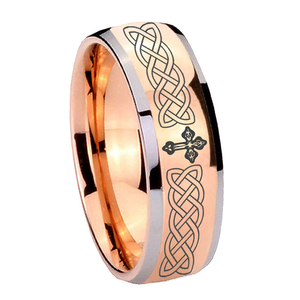 8mm Celtic Cross Dome Rose Gold Tungsten Men's Promise Ring