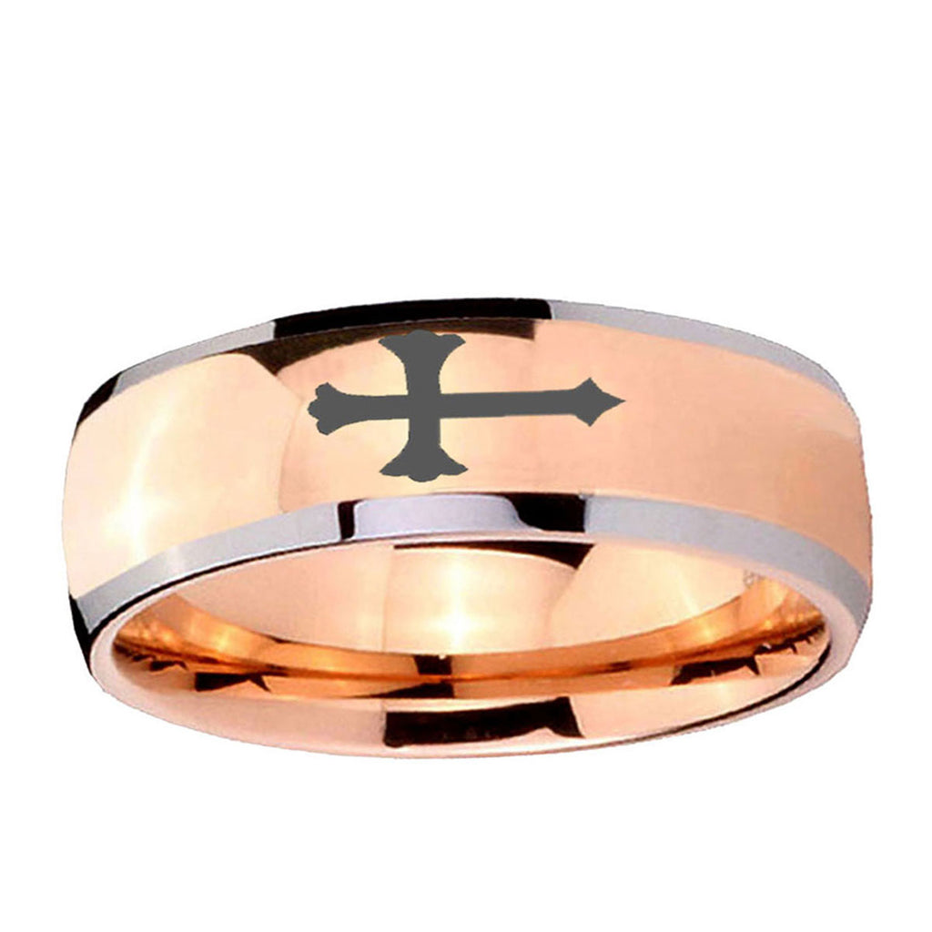 5mm Christian Cross Dome Rose Gold Tungsten Men's Band Ring