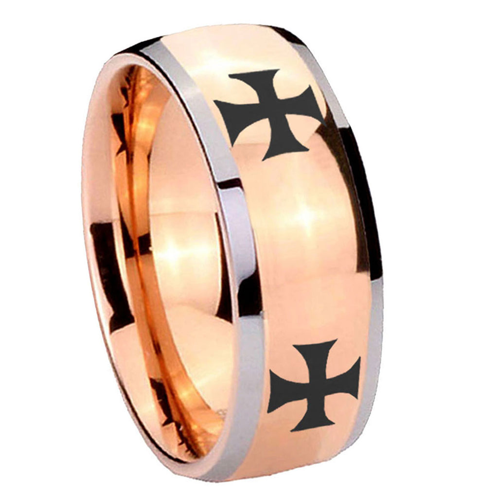 8mm 4 Maltese Cross Dome Rose Gold Tungsten Men's Ring