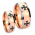 4 Maltese Cross Dome Rose Gold Tungsten Wedding Set Rings