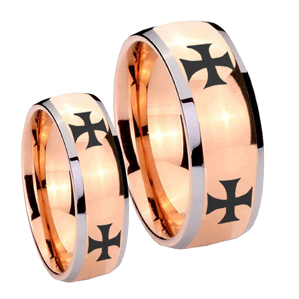 4 Maltese Cross Dome Rose Gold Tungsten Wedding Set Rings