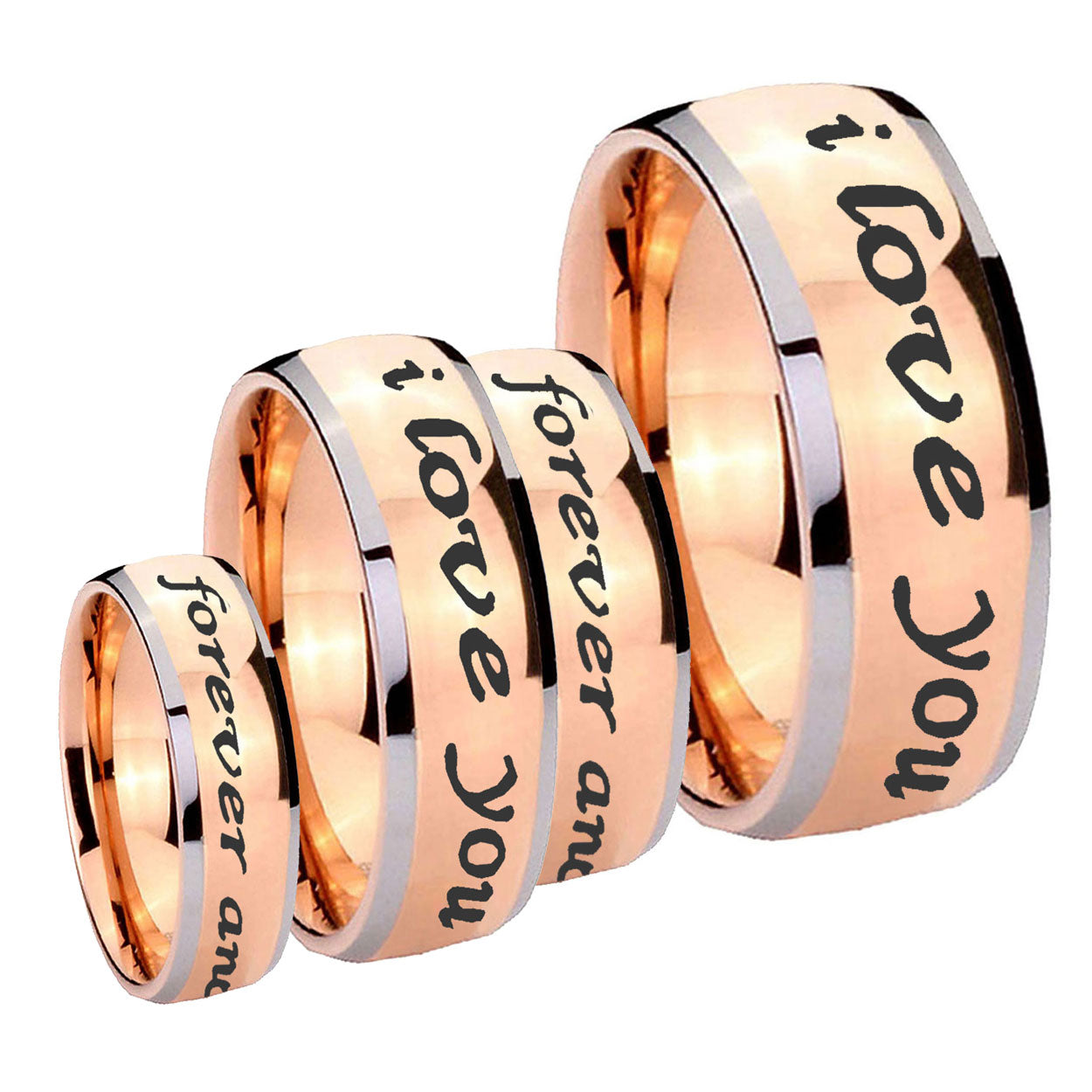 I Love You Forever and ever Dome Rose Gold Tungsten Bridal Set Rings