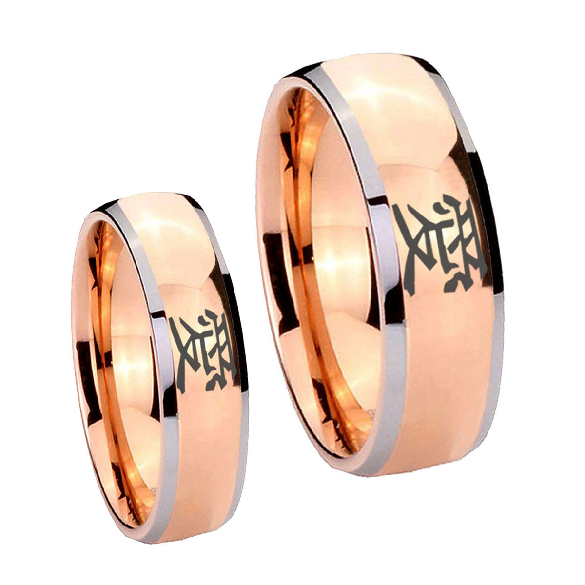 Kanji Love Dome Rose Gold Tungsten Bridal Ring Sets