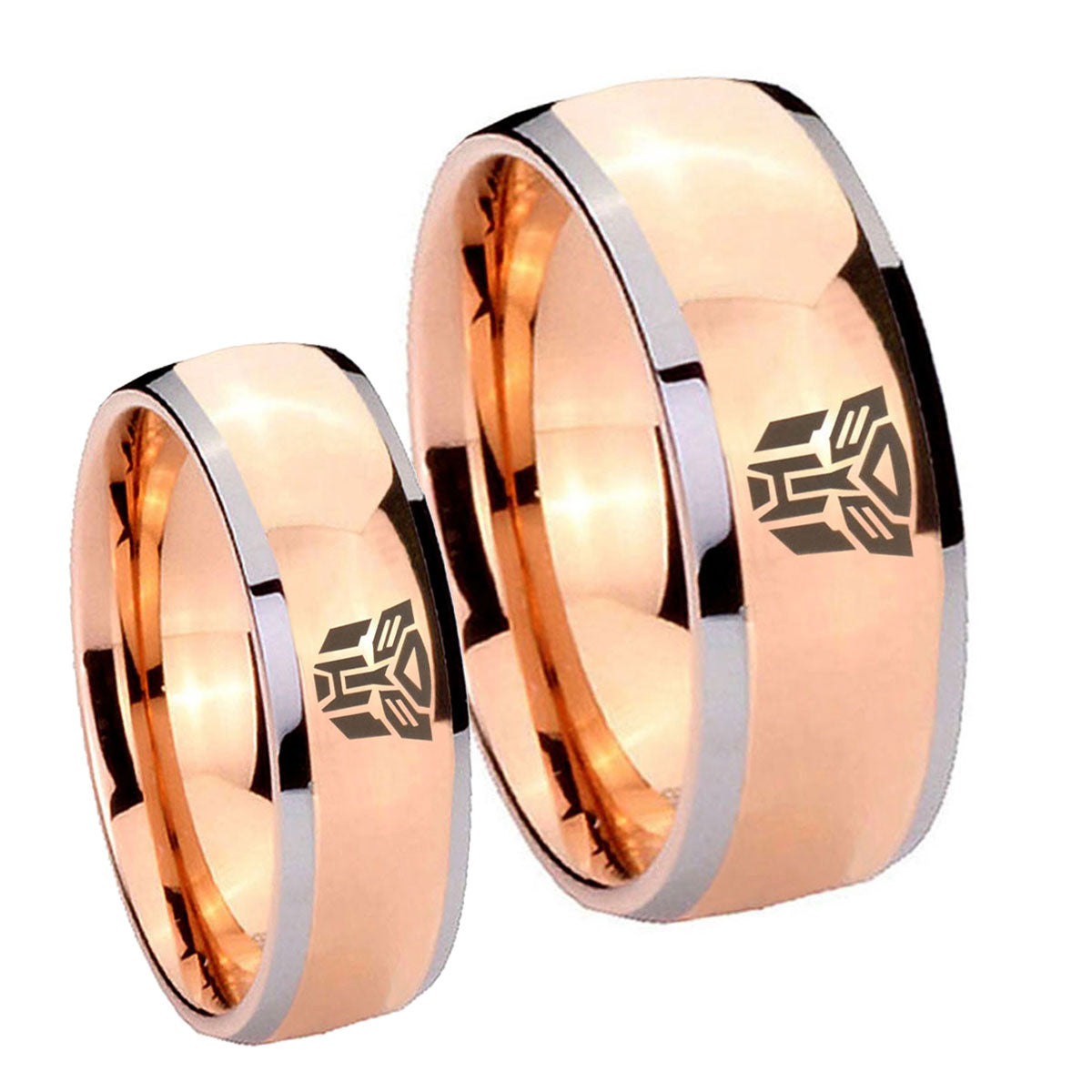 Transformers Autobot Dome Rose Gold Tungsten Wedding Set Rings